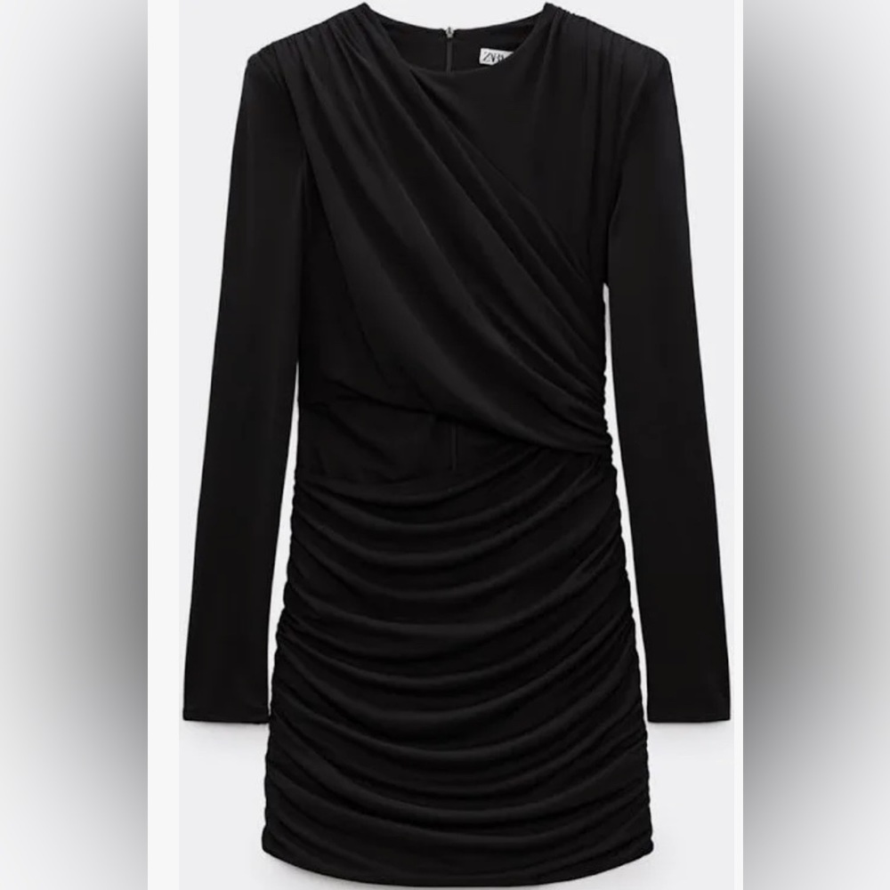 Zara Black Draped Mini Dress with Cut Out and Shoulder Pads XL Body Con Rouged